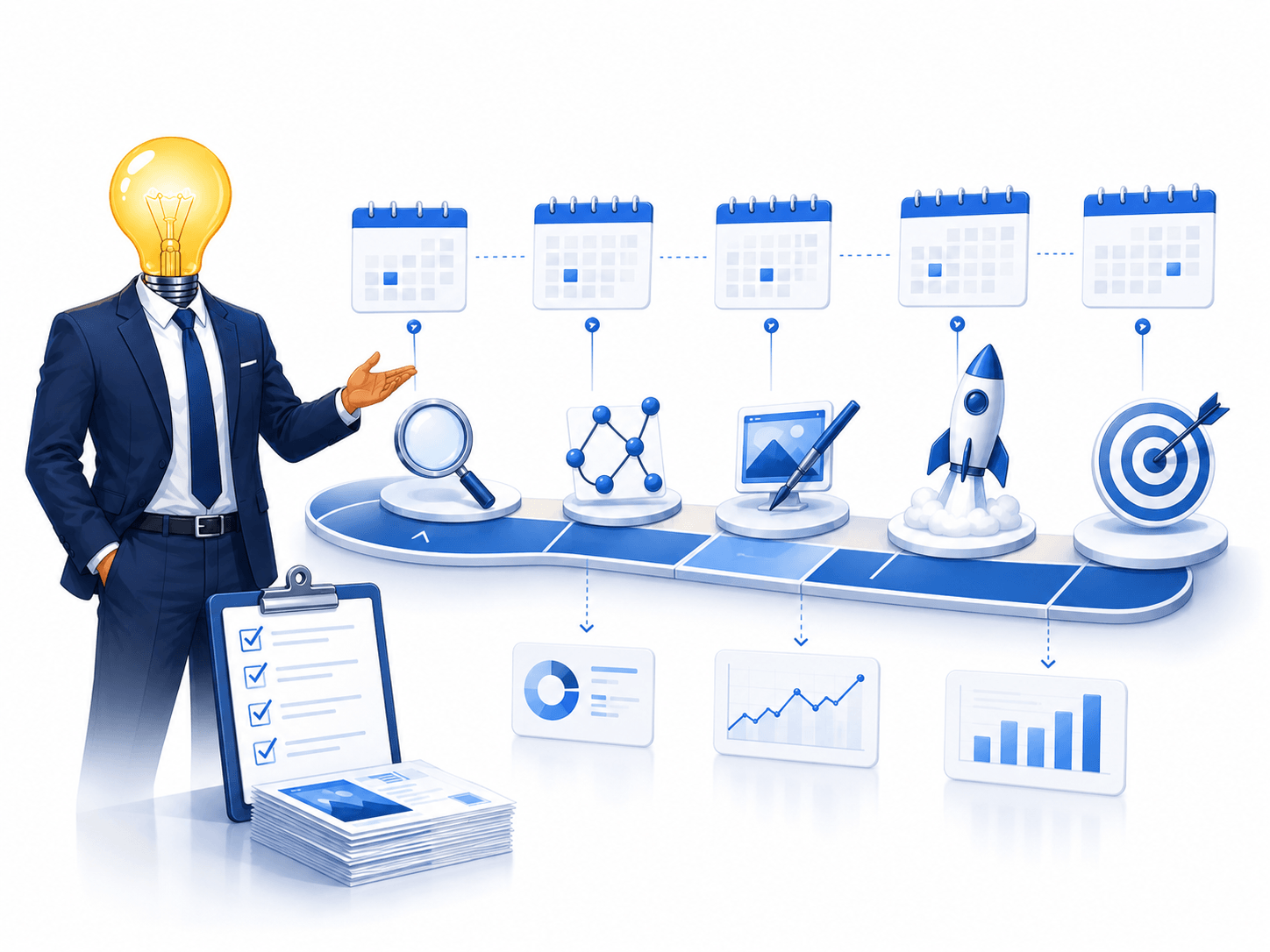 How Bright Marketing Solutions works with NY and NJ small businesses - discover, plan, build, launch, optimize